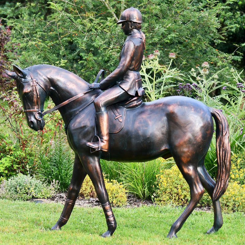 Life size equestrian statue of female horse rider on a horse