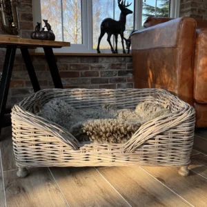The Layered weave wicker dog bed finished in grey kaboo weave